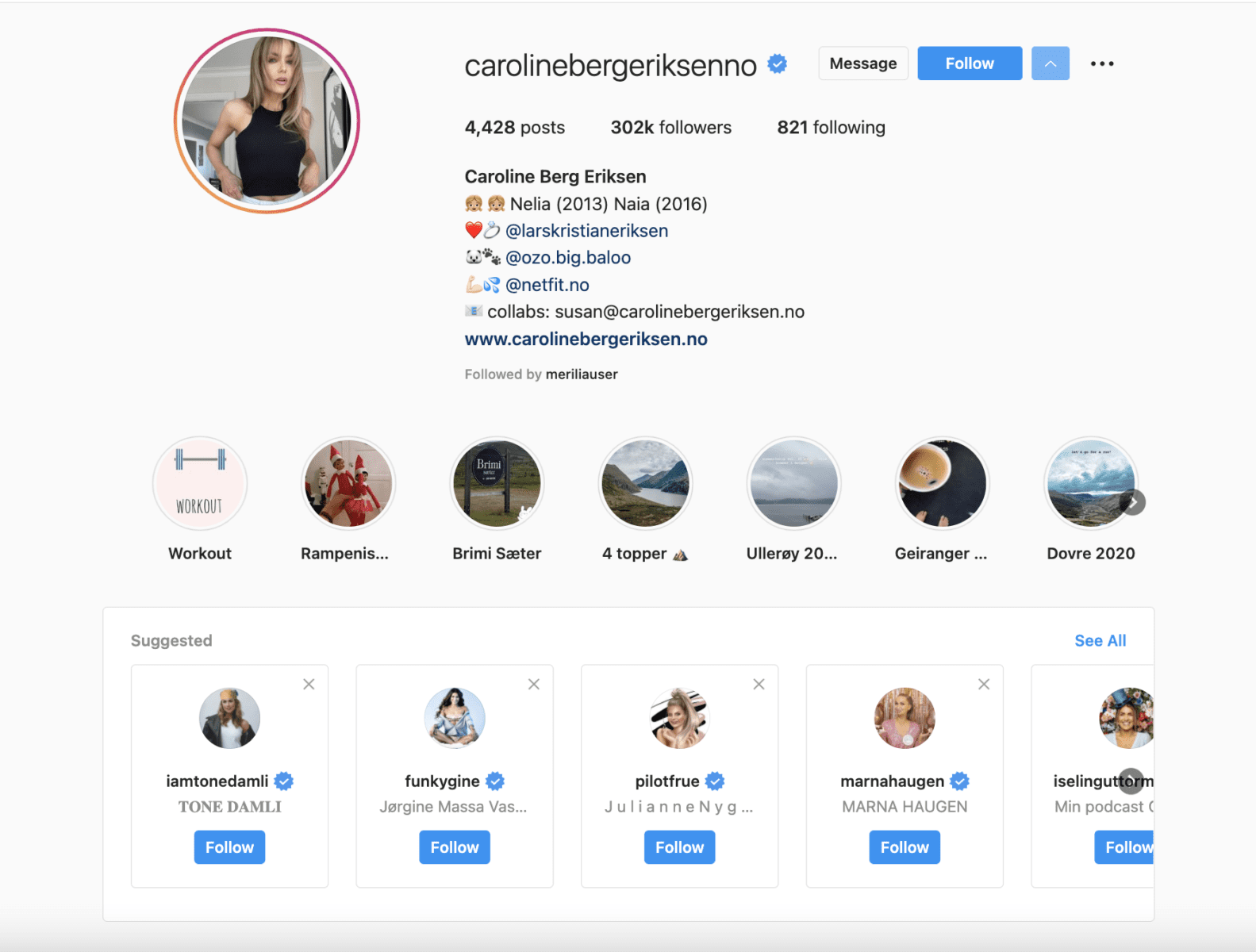 screenshot if Caroline Berg Eriksen Instagram profile – one of the biggest influencers in Norway