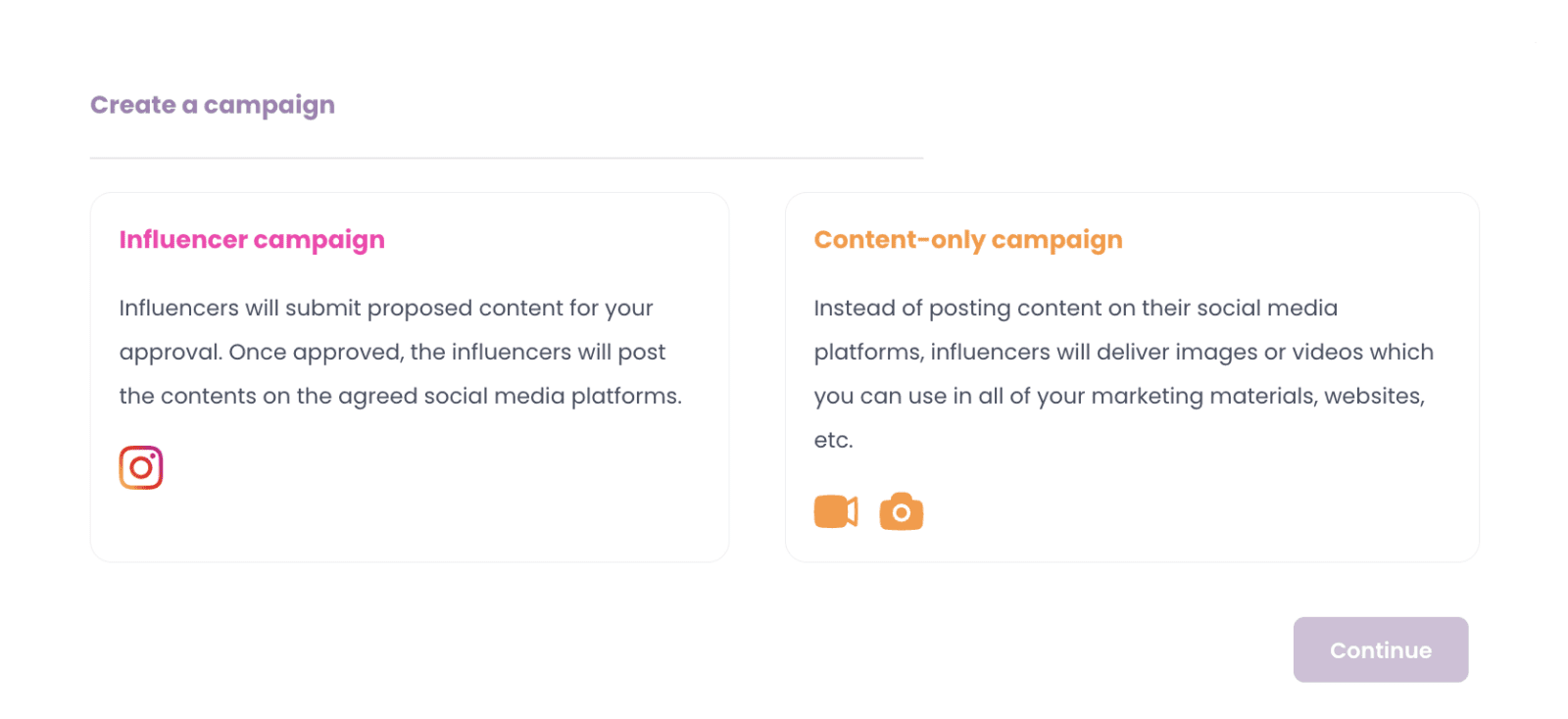 Promoty campaign types: influencer campaign and content-only