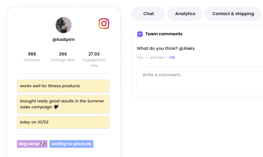 Influencer analytics tool – screenshot of added influencer with comments