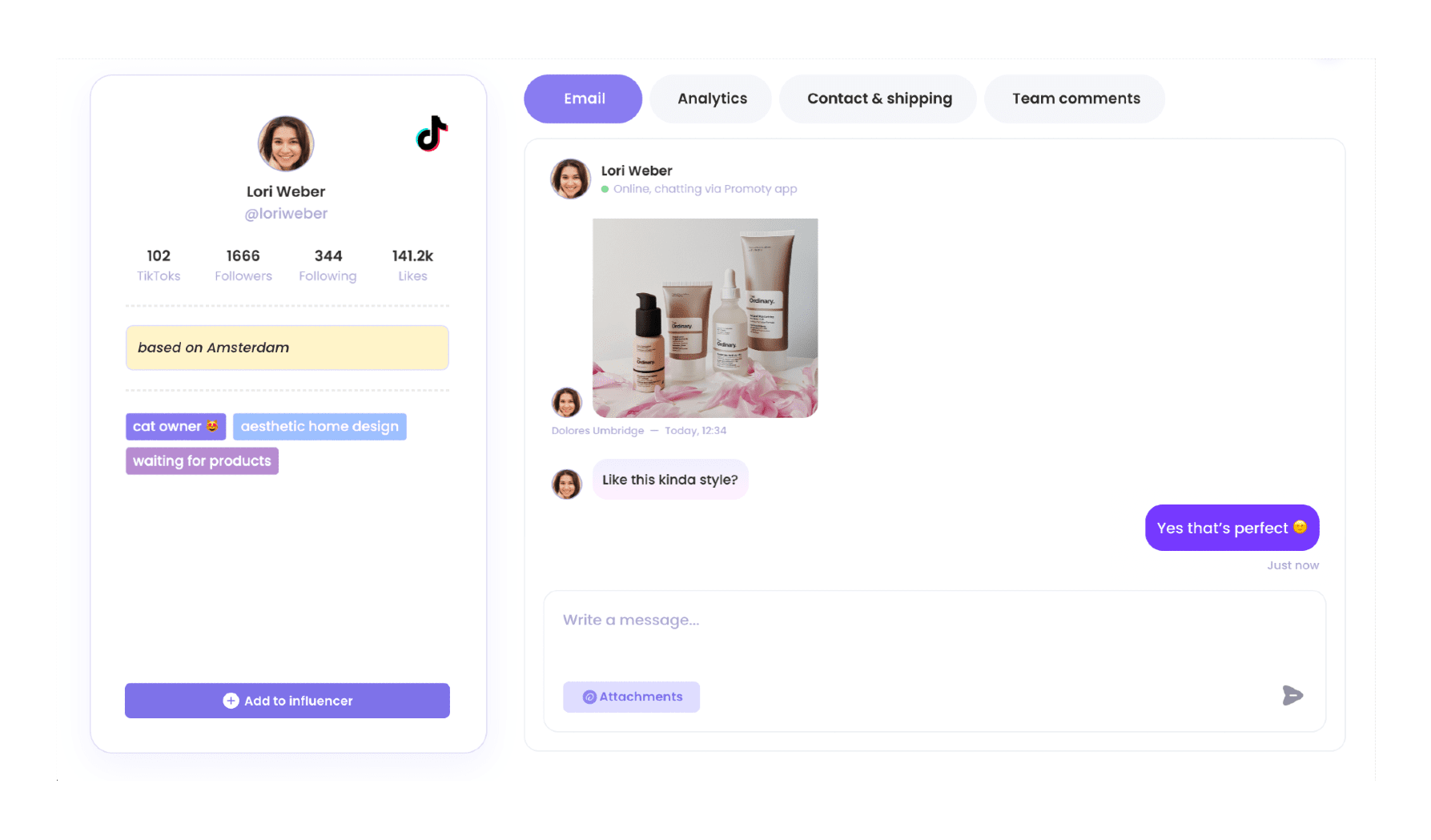 screenshot of an influencer relationship management tool – chat