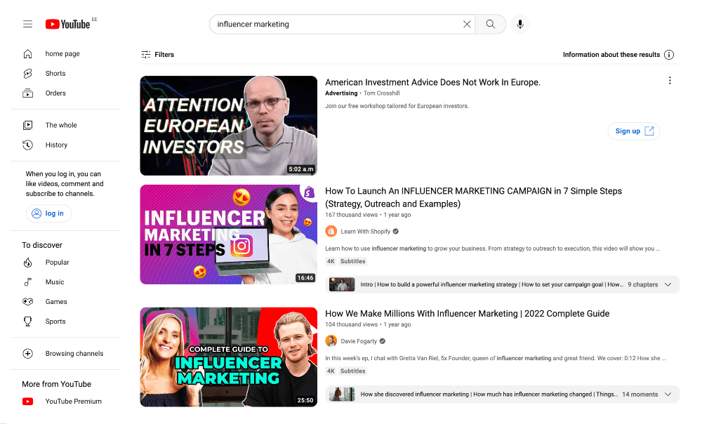 search for influencers on youtube – screenshot of the youtube search